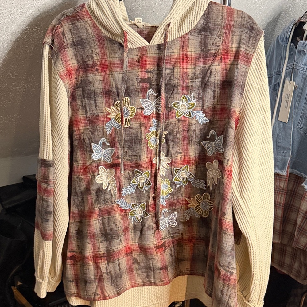 POL Red and Cream Plaid Floral Hoodie